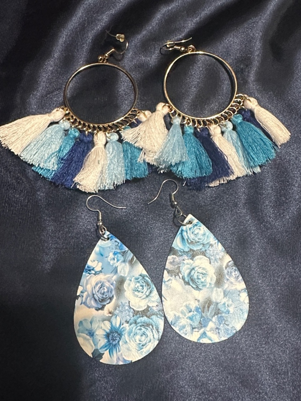 Blue Tassel Hoop and Floral Teardrop Earring Set - Women's Jewelry